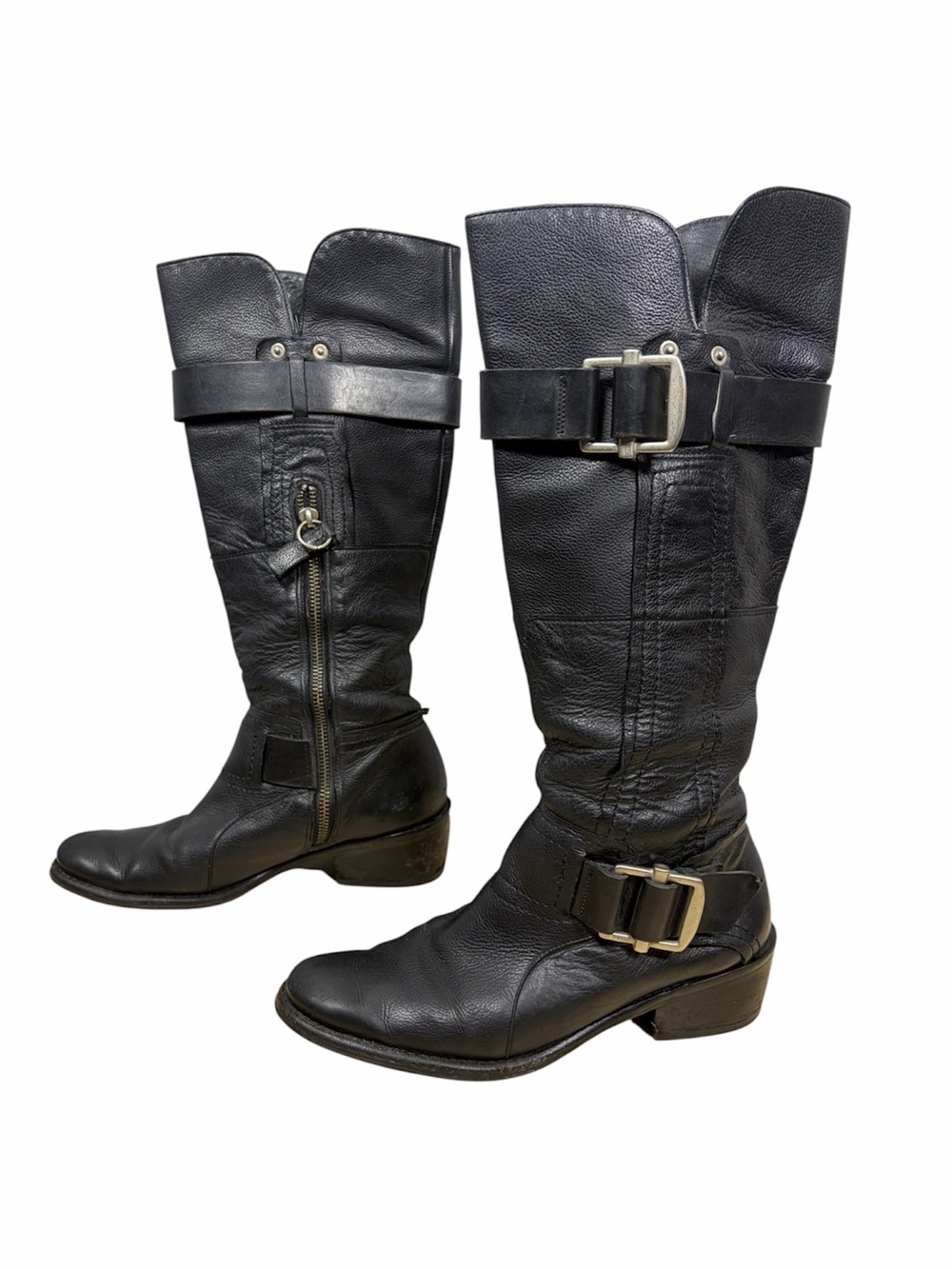 Vera Wang Lavender Label Black Leather Moto Buckle Tall Boots 6